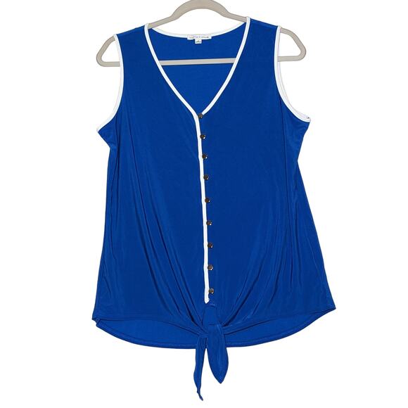 Notations Sleeveless Blouse Medium Blue Button Up V Neck Knot Front Piping Trim - Picture 9 of 10